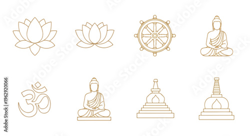 Line art icons depicting Buddhist symbols and figures, including the Buddha, lotus flowers, and a dharmachakra, on a white background for spiritual and cultural designs related to Buddha