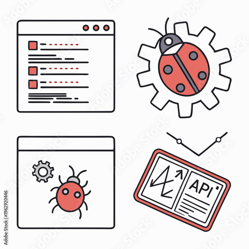 Line icons of bug and gear related to software development