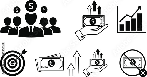 Financial Growth and Target Achievement Icons: Business Strategy, Investments, and Currency"