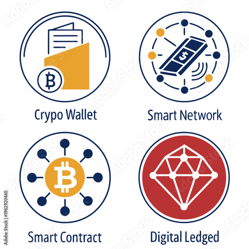 Icons of cryptocurrency and blockchain concepts
