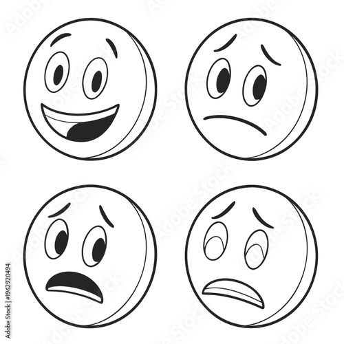 Four different cartoon faces with various expressions