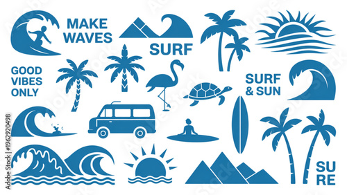 Photography Vibrant icons showcasing surfing culture, beach life, and sunny coastal adventur