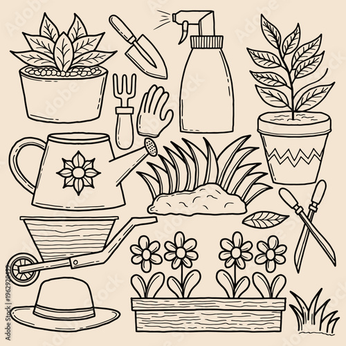 Hardening tools and potted plants hand drawn line art collection. Farm and garden equipment vector doodle set with flowers and plants for spring design