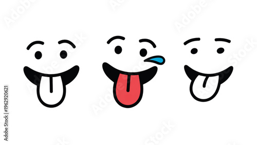 Three playful cartoon faces with exaggerated tongues sticking out in different styles and expressions Vector