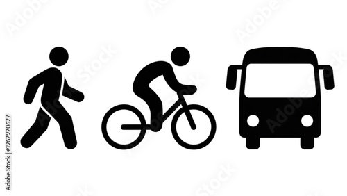 Three icons depicting a person walking, cycling, and a bus for transportation methods comparison Vector