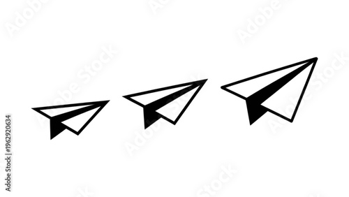 Three stylized paper airplanes depicted in varying orientations and slight size differences against plain backdrop Vector