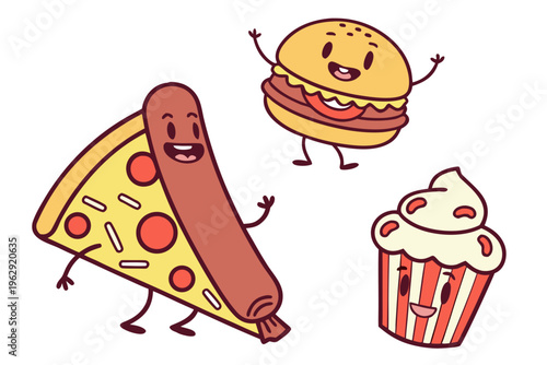 A cartoon hot dog slice of pizza a hamburger and a cupcake