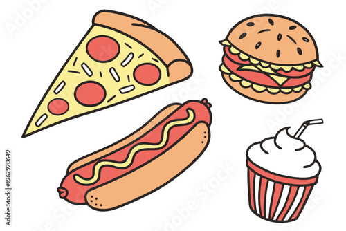 A set of fast food items including a hot dog a hamburger a slice of pizza and a milkshake