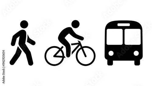 Three icons depicting walking, cycling, and bus transportation for urban commuting options Vector