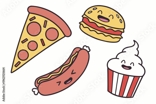 A set of fast food items with smiling faces