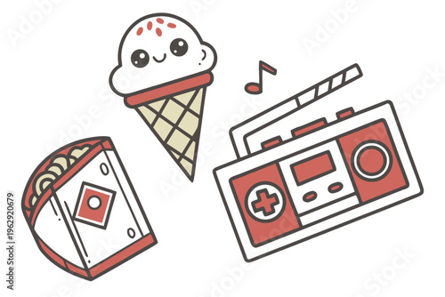A cartoon ice cream cone and a cassette tape and a cd