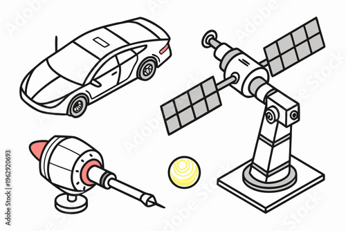 A car, a satellite, a rocket and a planet