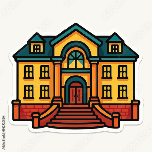 A vibrant cartoon style building with an inviting entrance and classic architectural details stands ready for educational or governmental use.