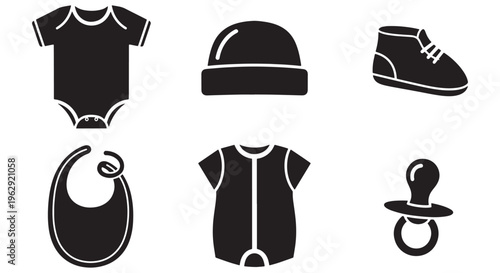 Modern vector illustration featuring essential baby clothing and accessories icons