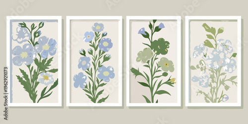 Four botanical illustrations of delicate wildflowers in rectangular frames