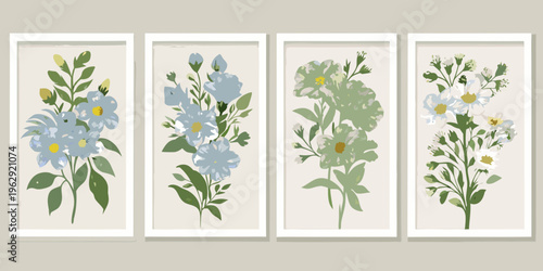 Botanical wall art featuring four framed floral arrangements in varying shades