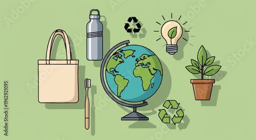 Eco friendly living concept with reusable bag water bottle globe toothbrush recycling symbols potted plant and light bulb on green background