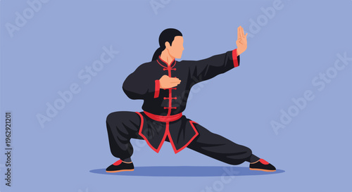 A person in a martial arts uniform doing a stance on blue background