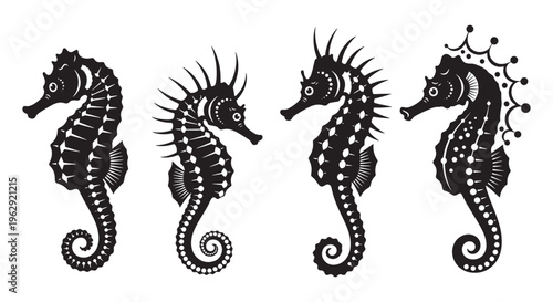 Stylized black seahorse vector illustration set depicting various marine life designs