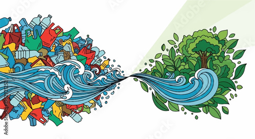 Pollution vs nature contrasting waves of trash and clean environment symbolizing eco friendly living and sustainability