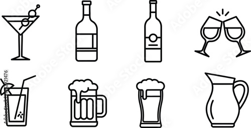 Set of minimalist line art drink icons including cocktails wine and beer ideal for bar menus app interfaces and beverage-related designs