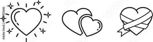 Set of minimalist line art heart icons featuring sparkling overlapping and ribbon-wrapped designs ideal for love romance and celebration concepts