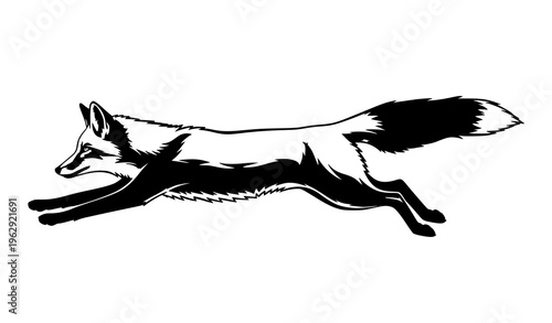 Running fox silhouette vector black and white dynamic wildlife animal illustration isolated