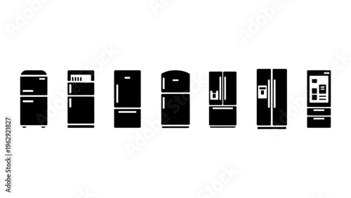 Various styles of refrigerators and a mini fridge displayed in a sleek black and white design Vector