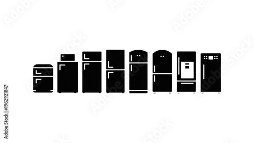 Evolution of household refrigerators from compact to full-sized models displayed in a row Vector