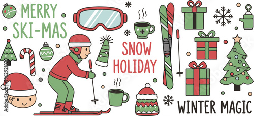 Christmas Ski Festive Winter Holiday Snow Vacation, Illustration Cartoon Collection