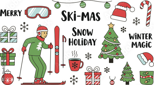 Christmas Ski Festive Winter Holiday Snow Vacation, Illustration Cartoon Collection