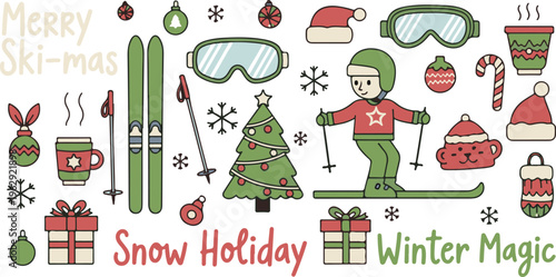Christmas Ski Festive Winter Holiday Snow Vacation, Illustration Cartoon Collection