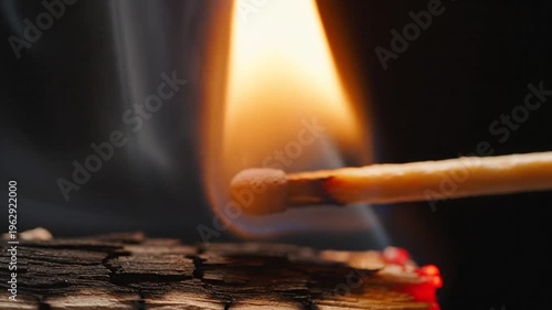 Burning match ignites wood, creating fire and smoke, close up.