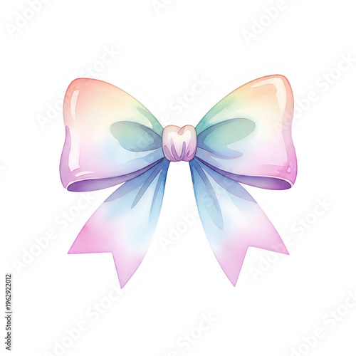 A beautiful soft pastel ribbon bow featuring a gentle gradient of colors that blend smoothly into a dreamy aesthetic design isolated on transparent background