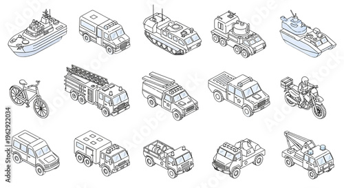 Amphibious Ship and Military Utility Vehicle Isometric Icon Set – Rescue Transport Fleet Multiview Outline