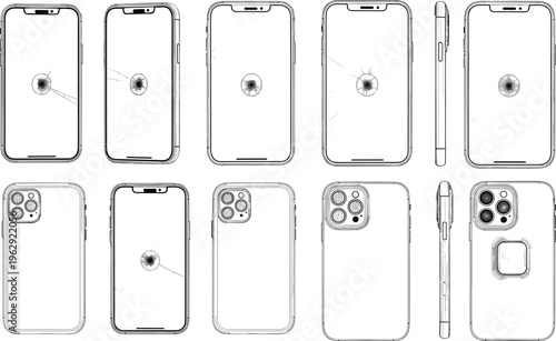 Smartphone with cracked screen collection flat vector illustration mobile phone damage broken glass front back and side views set