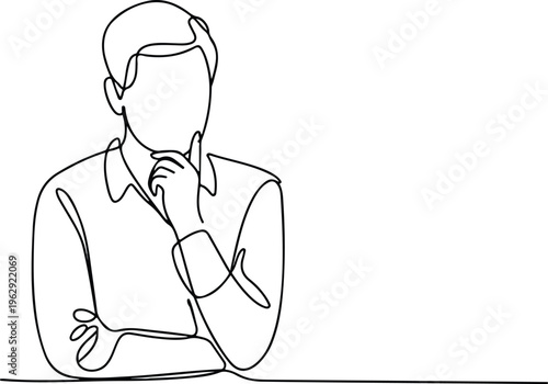 Minimalist continuous one line drawing of a man thinking with his hand on chin for creative concept design.