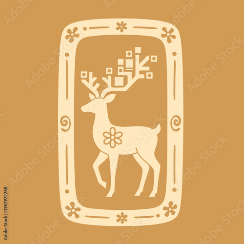 Deer with decorative antlers standing still.
