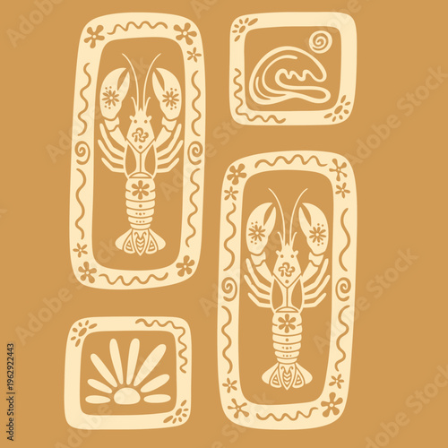 Lobster seafood illustration on plate.