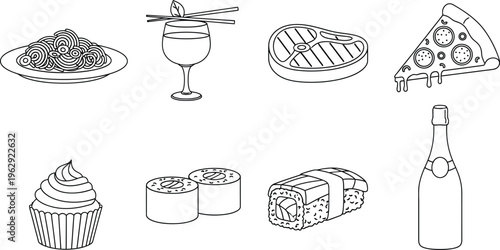 Set of various food and beverage outline icons featuring popular dishes and drinks in a minimalist vector style ideal for menus and digital interfaces