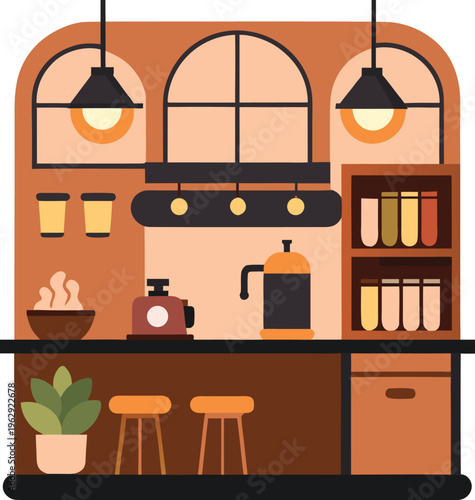 Cozy coffee shop interior with arched window and bar stools