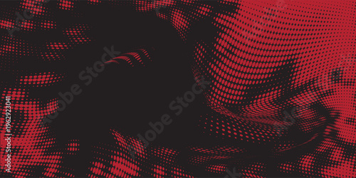 Flowing dots particles wave pattern red isolated on black background. Vector in concept of technology, science, music, modern.