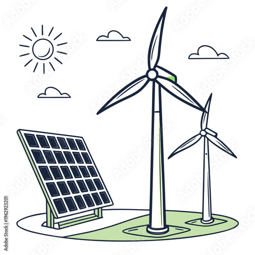 Renewable energy sources with wind turbines and solar panel