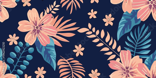 Seamless pattern of tropical flowers and lush green foliage on navy