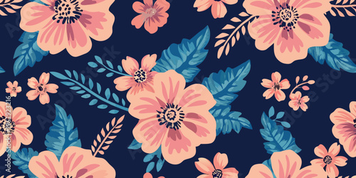 Floral pattern with pink and peach blossoms against a dark background