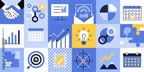 A colorful mosaic representing various business and technology concepts