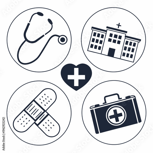 Medical icons including stethoscope and hospital