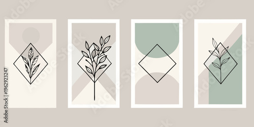 Minimalist botanical illustrations arranged in a set of four vertical panels