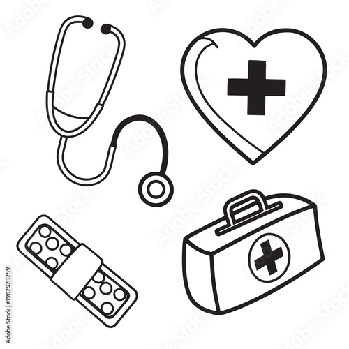 Medical icons including stethoscope and first aid kit