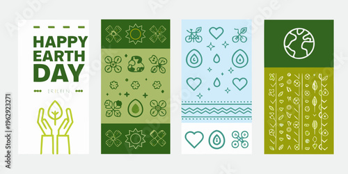 Happy earth day four vertical banners with environmental illustrations